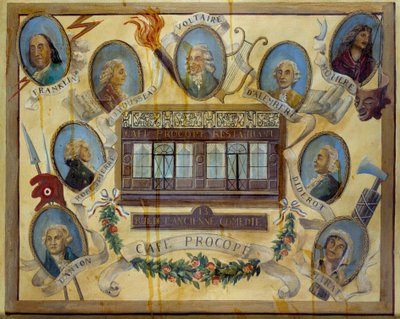 Portræt af historiske personer og udsigt over den parisiske café Le Procope: Benjamin Franklin, Jean Jacques Rousseau, Voltaire, Jean D
