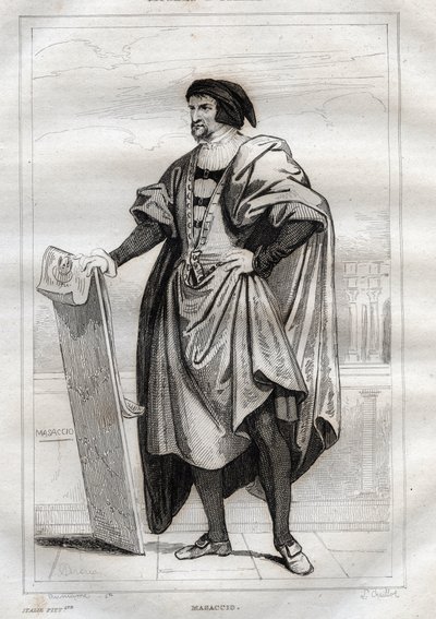 Portræt af den italienske maler Masaccio (Tommaso di Giovanni Cassai) (1401-1428) - Indgravering fra "" Italy Picturesque" - Historisk og beskrivende maleri af Italien" af M. de Norvins, Ch. Nodier 1834-1836. af French School