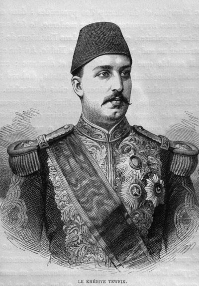 Portræt af Khedive Tawfig (1819-92), fra LEgypte af Georg Moritz Ebers (1837-98), 1881 (bw gravering) af French School