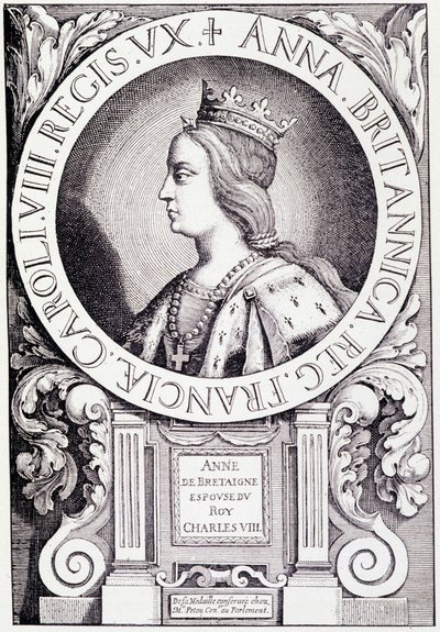 Portræt af dronningen af Frankrig Anne af Bretagne (1477-1514). Gravering fra "Louis XII et Anne de Bretagne" af Paul Lacroix, red. Georges Hurtrel af French School