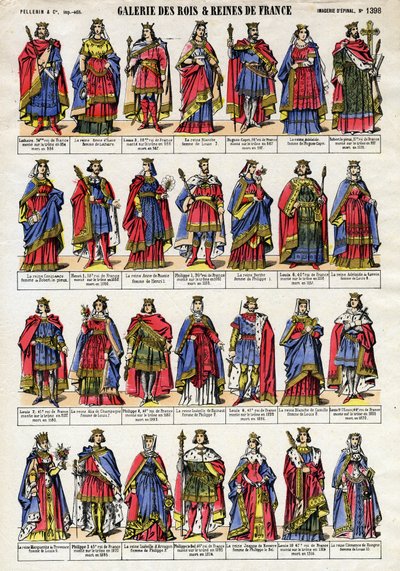 Portræt af kongerne og dronningen af Frankrig fra Capetian-dynastiet (Capetian-dynasti) fra Lothaire (941-986) til Ludvig X. Hutinen (1289-1316). Epinal billeddannelse fra slutningen af det 19. århundrede. Privat samling. af French School