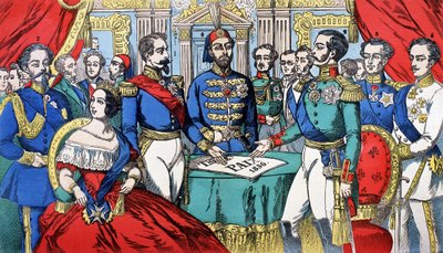 Portræt af Europas suveræner under fredstraktaten i 1856: fra venstre mod højre, Victor Emmanuel II (Victor Emmanuel) (Vittorio Emanuele), konge af Sardinien, Victoria, dronning af England, Napoleon III, tyrkisk kejser, Alexander II, konge af Rusland, F af French School