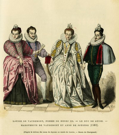 Portrætter i 1581 af Louise de Vaudemont (1553-1601), dronning af Frankrig, hustru til Henrik III (1551-1589), af den tredje hertug af Guise, Henri I, kendt som Balafre (1549-1588), af Marguerite af Lorraine (1564-1625) datter af greven af Vaudemont (Nicol af French School
