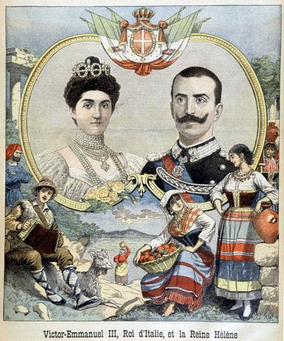 Portrætter i medaljon af Victor Emmanuel III og Helene af Montenegro, Italiens suveræne, dækker "The Petit Journal" 5/7/1903 (gravering) af French School