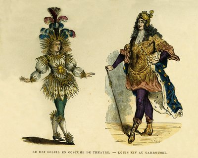 Portrætter af kong Louis XIV (1638-1715), i teater kostume og karrusel. Farvegravering, i “Frankrig et les Francais a Travers les århundreder” ”af Augustin Challamel, F.Roy Editor, Paris 1882. Selva -samling. af French School