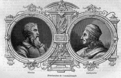 Portrætter af Nikolaj den mystiker (10. århundrede) og Euthymius af Athos (955-1028), patriarker af Konstantinopel. Indgravering i "Histoire des Papes-Rois-Queen and Empereurs a travers les centuries"" af Maurice Lachatre af French School