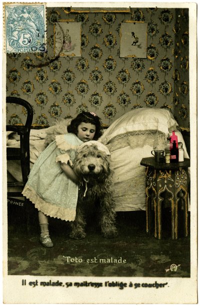Postcard: Toto is sick, he is sick, his mistress forces him to go to bed, Princedani af French School