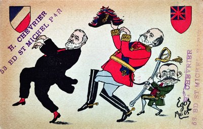 Postkort, der forestiller præsident Loubet (1838-1929), kong Edward VII (1841-1910) og Theophile Delcasse (1852-1923), maj 1903 af French School