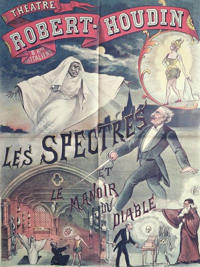 Plakat, der annoncerer Spøgelser og Djævelens Hus på Theatre Robert-Houdin, Paris, ca. 1870 af French School
