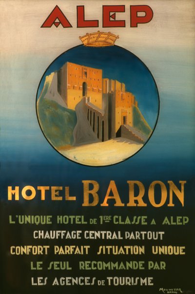 Plakat, der reklamerer for Baron Hotel i Aleppo, ca. 1920 af French School