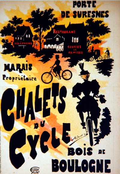 Plakatwerbung für die Chalets du Cycle, Bois de Boulogne, nahe der Porte de Suresnes von French School