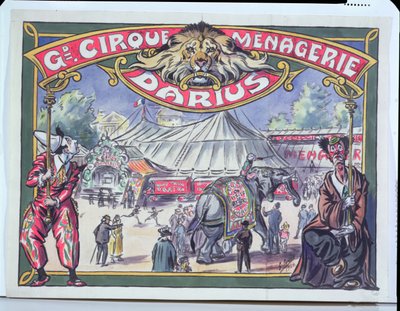 Plakat, der reklamerer for Grand Cirque Menagerie Darius, 1924 (wc på papir) af French School