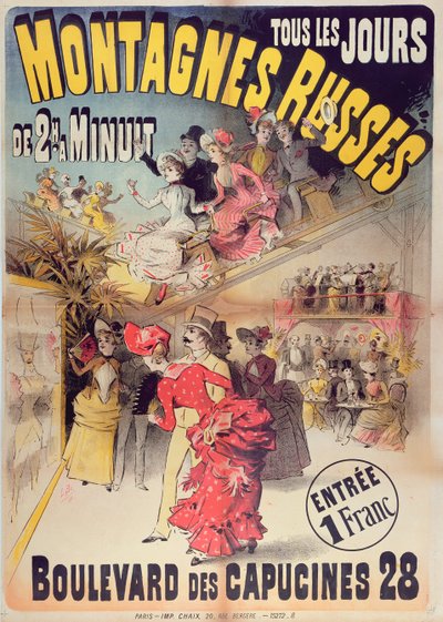 Plakat, der reklamerer for Montagnes Russes-rutschebanen i Boulevard des Capucines, Paris, 1888 af French School