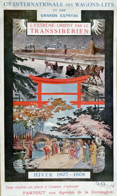 Plakat, der reklamerer for den transsibiriske jernbane, vinteren 1907-8 af French School