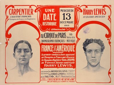 Plakat, der reklamerer for boksekampen mellem Carpentier og Harry Lewis, 1911 af French School
