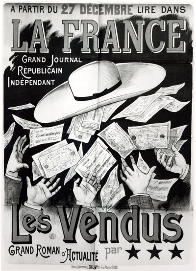 Plakat, der reklamerer for romanen Les Vendus, der omhandler Panama-affæren, ca. 1892-95 af French School