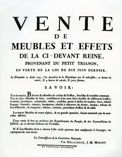 Plakat, der annoncerer for salg af Marie-Antoinettes møbler og effekter den 25. august af French School
