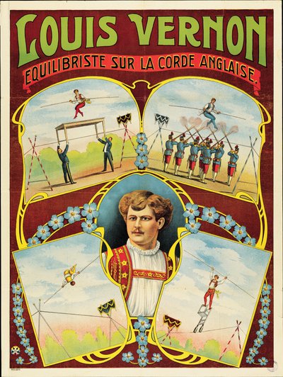 Plakat, der reklamerer for tightrope walking performances af Louis Vernon af French School
