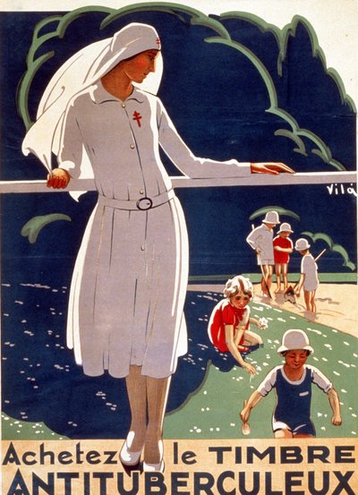 Plakat for "Køb TB plasteret" udgivet af Landsudvalget for Forsvar mod Tuberkulose. Lithograhie 1917. af French School