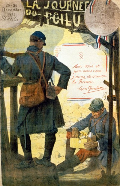Plakat for “” La journée du poilu - 25 et 26 décembre 1915”” med citatet af Léon Gambetta “” Med dig og ved dig sværger vi at redde Frankrig””. (en behåret åbning æsken modtaget fra hans familie). af French School
