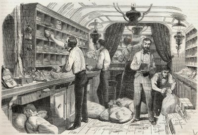 Indlæg: interiør af det mobile kontor - Indgravering i "Tableau-de-Paris" af Edmond Texier 1852 af French School