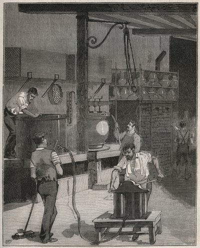 Keramik, Manufacture de Sevres: Vakuum- og trykluftstøbeværksted. Indgravering fra 1885 i "" Les arts et metiers illustres"" af Adolphe BITARD. af French School