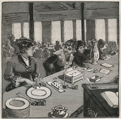 Keramik: malerværksted på porcelæn i det 19. århundrede i Frankrig. Indgravering fra 1880 i "" Les arts et metiers illustres"" af Adolphe BITARD. af French School