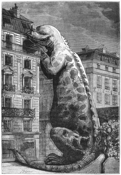 Forhistorisk monster i en moderne by, indgraveret af Motty (1800-tallet) illustration fra Le Monde Avant la Creation de l