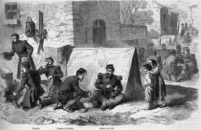 Forberedelse af "" popote"" (måltid) fra 1. regiment af grenaderer fra den franske imperiale garde under Risorgimento. Fra venstre mod højre: en "popotter", en "kikseknuser" og en "kaffemaskine". Cavriana, Italien af French School