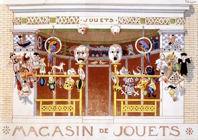Præsentation af varer i en legetøjsbutik. af French School