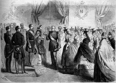 Præsentation for Napoleon III (1808-1873) og til imponen Eugenie (1826-1920) af tolv Maconnaiser i landdragt. Macon, Saone og Loire (71) af French School