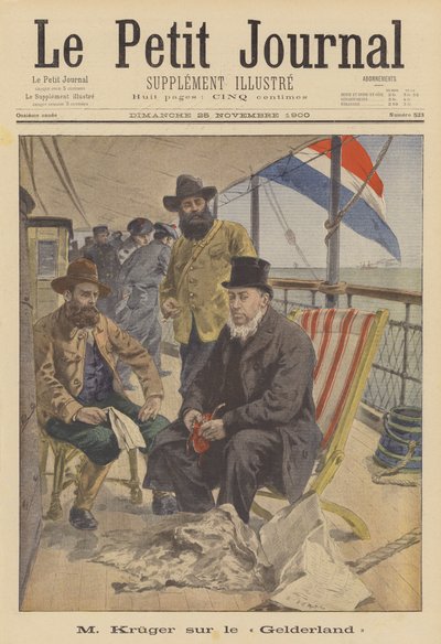 Præsident Kruger af Transvaal sejler i eksil om bord på det hollandske skib Gelderland (farve litho) af French School