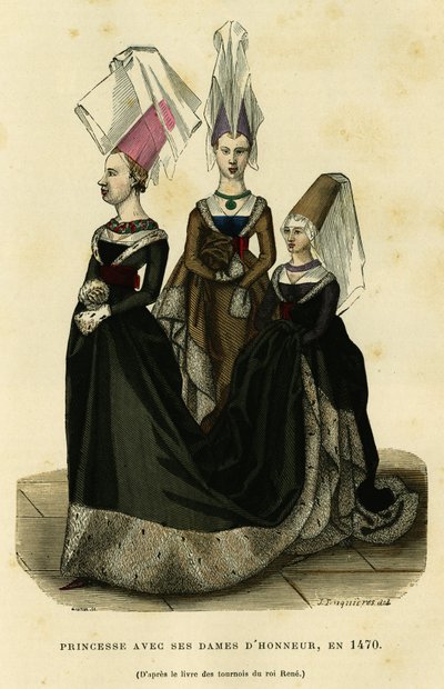 Prinsesse med sine æresdamer, omkring 1470. Farvestik efter bogen om Kong Renés turneringer, i "France et les francais a travers les siecles" af Augustin Challamel, F.Roy editor, Paris 1882. Selva-samlingen. af French School