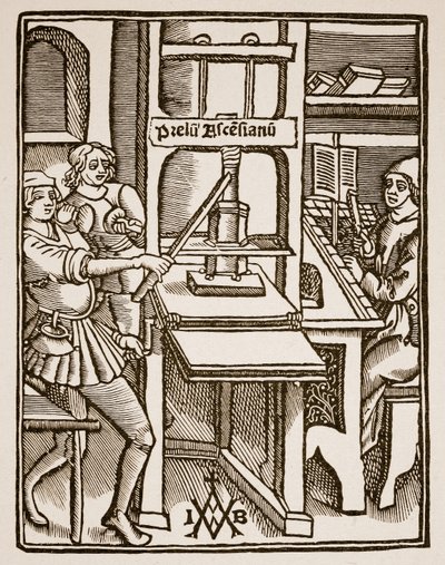 Trykpresse, titelblad af Hegesippus, trykt af Jodocus Badius Ascensius, Paris, 1511 (sepia foto) af French School