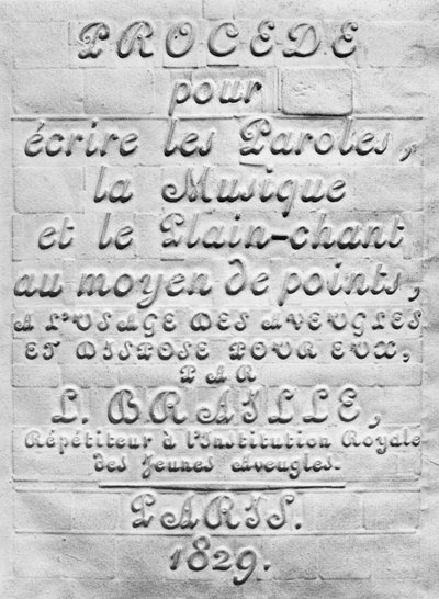 Proces til at skrive ordene, musikken og almindelig sang ved hjælp af prikker, til brug for blinde og arrangeret til dem af Louis Braille, 1829 af French School