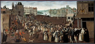 Ligaens procession på Place de Greve forlader Arcade of Saint Jean i Paris Maleri af Ecole francaise. 1590 søn. 1x2,12 m Paris, Musee Carnavalet - Ligaens procession på Place de Greve forlader Arcade St. Jean i Paris. Maling af af French School