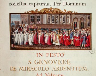 Procession af relikvieskrinet fra St. Genevieve, fra et manuskript til en messe dedikeret til St. Genevieve af French School
