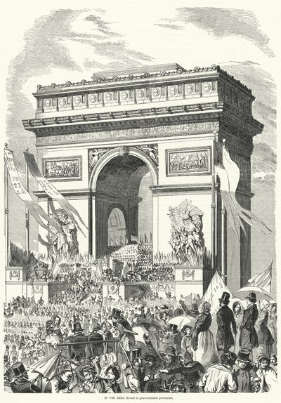 Procession passerer foran den franske provisoriske regering ved Triumfbuen, Paris af French School