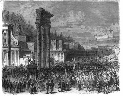 Proklamation af den romerske republik i 1798. (Proclamation della repubblica romana nel 1878) Indgravering i "Histoire des Papes-King-Queen-and-Empereurs a travers les centuries" af Maurice Lachatre af French School
