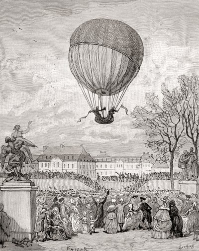 Professor Jacques Charles og Nicolas-Louis Robert flyver med verdens første bemandede brintballon den 1. december 1783 i Tuilleries Gardens, Paris, fra 