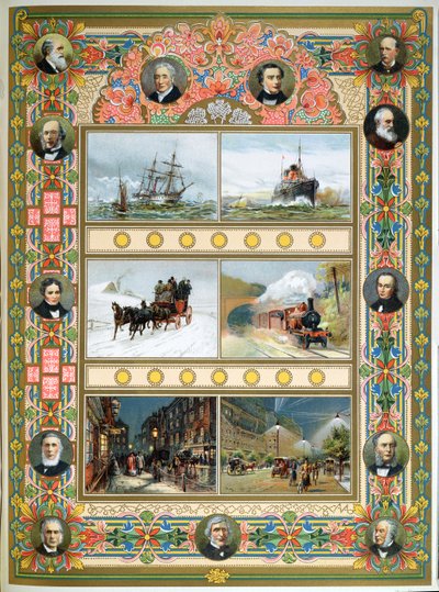 Fremskridt under dronning Victorias regeringstid (1819-1901). Sejlskibe, dampskibe, damptog og gas og elektrisk gadebelysning, 1887 af French School
