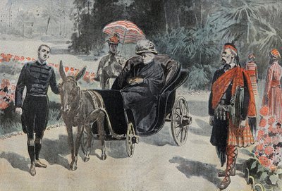 Promenade de Victoria I (1837-1901) Dronning af England, i parken ved Hotel Cimiez nær Nice. Indgravering i "" Le Pelerin"" 26/03/1899. af French School