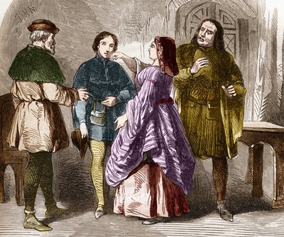 Prostitutionsscene i Paris i slutningen af middelalderen. Indstik i "Prostitutionens og udskejelsens historie blandt alle verdens folkeslag fra oldtiden til i dag" af Dr. Th. -F. Debray. 1879. af French School