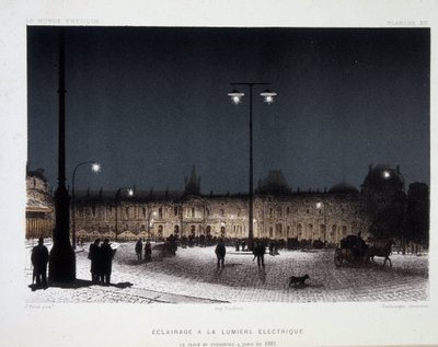 Offentlig belysning med elektrisk lys på place du carrousel i Paris 1883 - i "" Magnetism and Electricite"" af Amedee Guillemin af French School
