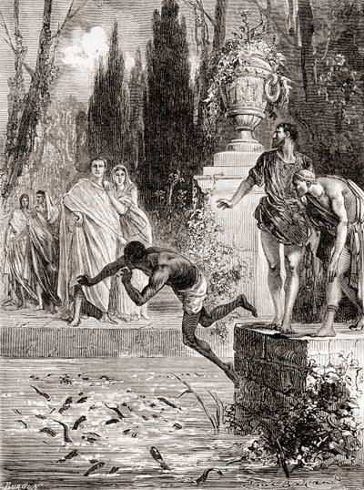 Publius Vedius Pollio, Roman equestrian, feeding a slave to his lamprey eels, from Les Merveilles de la Science, published c.1870dani af French School
