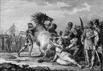 Straf af Brunehaut, 613: Brunehaut eller Brunehilde (543-613), dronning af Austrasia, er knyttet til halen på en ukuelig hest, før den bliver slæbt til jorden. Stik af det 18. århundrede. af French School