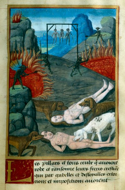 Tyve og plyndrere bliver straffet i Helvede, hvor de bliver hængt, brændt og fortæret af hunde. Miniature fra "Le Tresor de Sapience" af Jean Gerson (1363-1429) 15. århundrede Chantilly, Musee Conde af French School