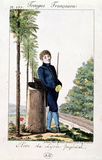 Elev af Lycee Imperial i Paris lænet op ad et træ, plade 177 fra Troupes Francaises, ca. 1805-10 af French School
