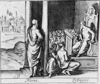 Pythagoras (ca. 570-480 f.Kr.) underviser en klasse af elever, illustration fra Ovids Metamorphoses af French School
