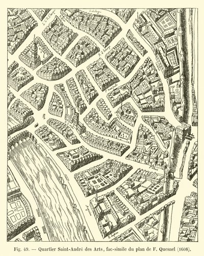 Saint-Andre des Arts-distriktet, faksimile af F Quesnels plan, 1608 af French School